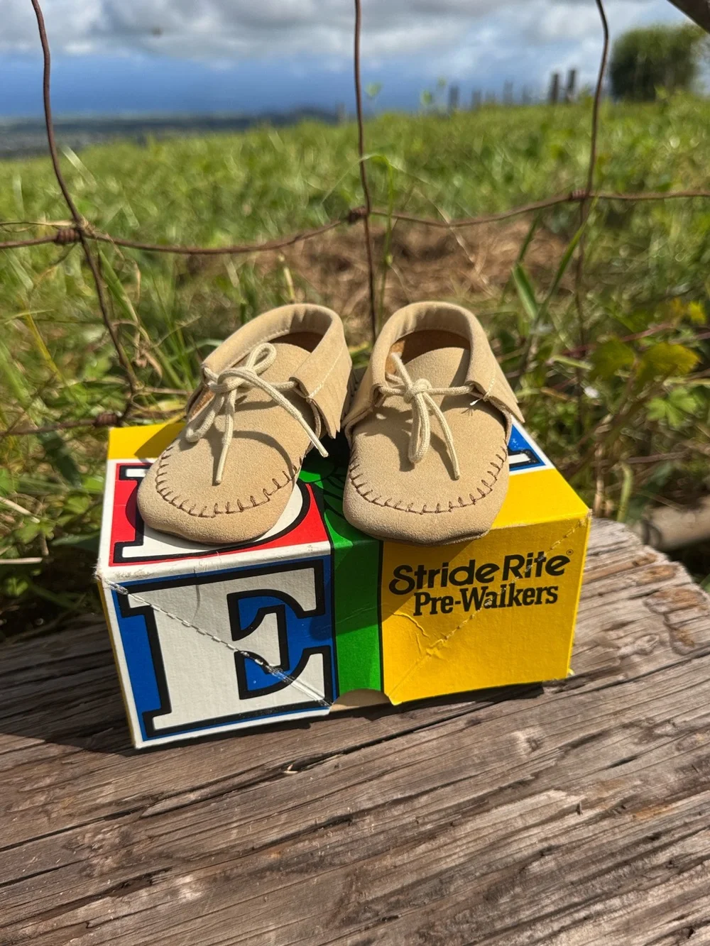 Vintage Stride Right Pre walke tan moccasins Boy girl 2 months